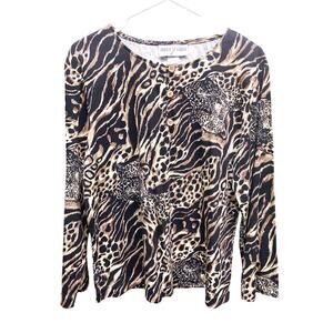 Vintage 80s Graver Studio Cotton Blend Leopard Animal Print Long Sleeve Top Sz M
